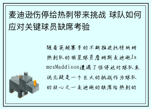 麦迪逊伤停给热刺带来挑战 球队如何应对关键球员缺席考验 麦迪逊伤停给热刺带来挑战 球队如何应对关键球员缺席考验